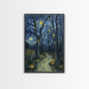 Dark Steamy Train at Night Framed Canvas Print, Halloween Wall Art, Spooky Train Station Decor, Haunted Transportation Artwork, Ghostly Art