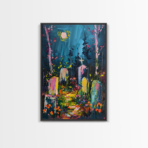 Colorful Cemetery Under Full Moon Framed Canvas Print, Wall Art, Vibrant Home Decor, Halloween Graveyard Painting Spooky Art Halloween Decor, photo 2 of 9