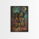 Enchanted Gothic House Framed Canvas Print, Halloween Wall Art, Spooky Art, Home Decor, Living Room Decor, Gothic Artwork, Haunted House