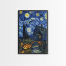 Spooky Starry Night with Jack-O-Lanterns Framed Canvas Print, Halloween Wall Art, Starry Night Inspired, Home Decor, Spooky Art, Living Room