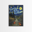 Spooky Starry Night Inspired Haunted Grave Yard Framed Canvas Print, Spooky Season Halloween Art