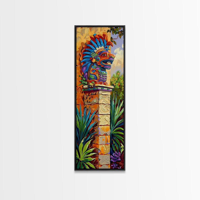 Aztec Inspired Canvas Painting Framed and Printed, Long Narrow Wall Art for Large Space, Beach House Wall Art, Tropical Wall Art Print