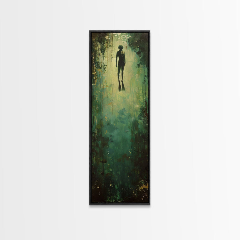 Abstract Canvas Painting of Underwater Diver, Modern Framed Wall Art, Dark Wall Art for Living Room, Tall and Narrow Wall Art Print