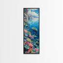 Tall and Narrow Vibrant Coral Reef Coastal Art Framed on Canvas, Ocean Painting, Tropical Coast Wall Art, Modern Art Print for Living Room