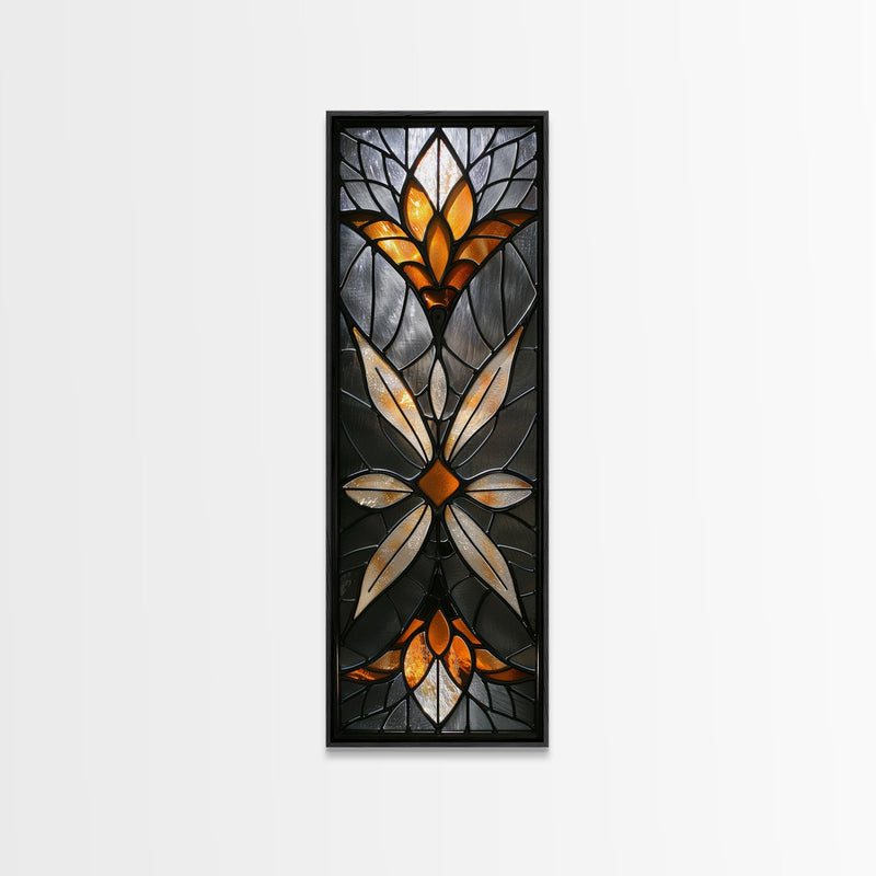 Amber and White Stained Glass Floral Design - Framed Canvas Print, Midcentury Modern Art, Skinny Art, Tall Art, Living Room Wall Decor, Boho Art