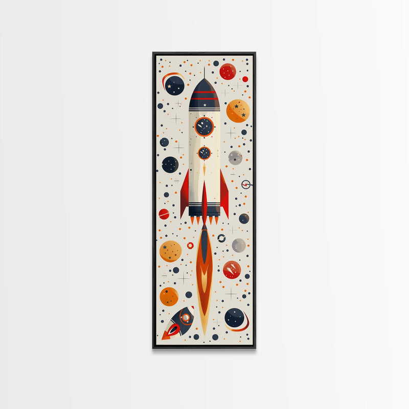 Art Deco Rocket Ship Atomic Age Wall Art, Retro MCM Inspired Framed Canvas Print, Mid-century Modern Nursery Decor