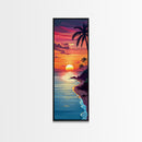 Coastal Sunset Palm Trees Midcentury Modern Art - Framed Canvas Print, Boho Art, Skinny Art, Living Room Art, Bedroom Decor, Tropical Landscape