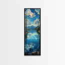 Framed Canvas Print Skinny Art of a Clear Lake Surrounded by Pine Trees with Majestic Mountains in the Distance Under a Blue Sky, Ideal Tall Landscape Art