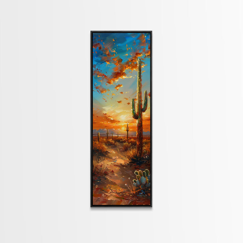 Arizona Desert Landscape with Saguaro Cactus at Sunset on a Framed Canvas Print Skinny Art Piece