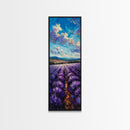 Framed Canvas Print of Wide Lavender Fields Under a Bright Sky Featuring Skinny Tall Art for Stunning Wall Decor in Home or Office