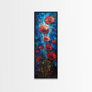 Red Poppies on Textured Blue Canvas as Tall Skinny Art Framed Canvas Print Perfect for Bold Wall Decor in Modern Spaces