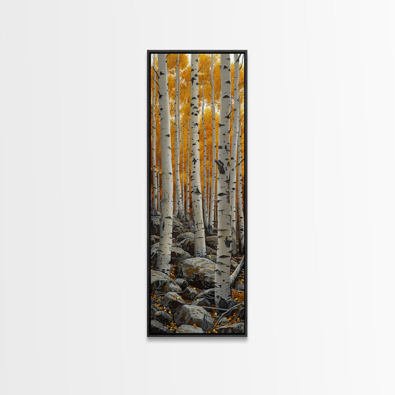 Birch Tree Forest, Framed Canvas Print, Skinny / Tall Wall Art, Living Room Decor, Landscape Painting, Nature Decor