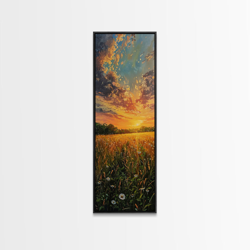 Wheat Fields At Sunset Framed Canvas Print - Beautiful Wall Art - Skinny Art - Tall Art - Statement Piece - Living Room Decor