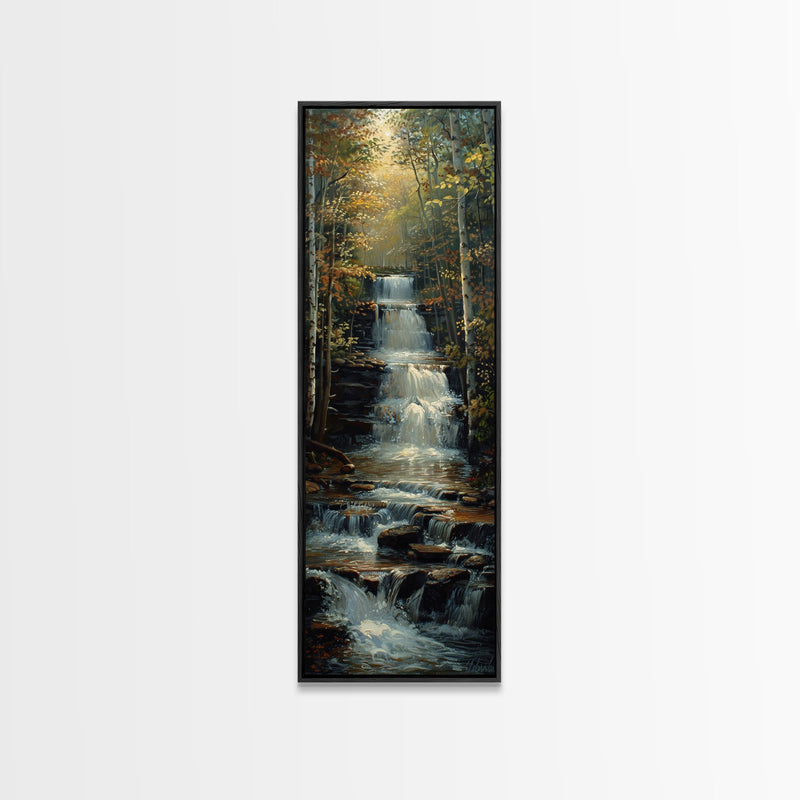 Beautiful Stream Cascading Waterfalls In The Forest at Golden Hour, Framed Canvas Print, Boho Style Landscape Painting Print