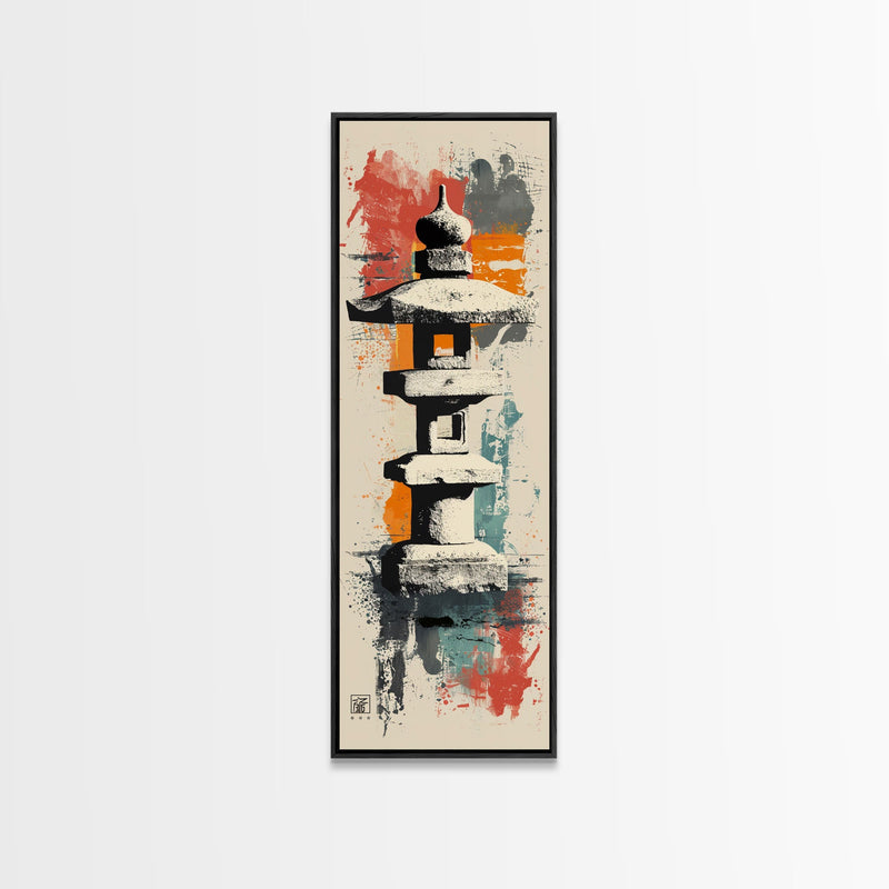 Zen Stone Lantern Skinny Art Tall Art Japanese Ukiyo-e Inspired Framed Canvas Wall Art