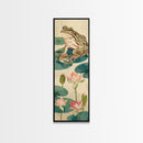 Frogs On Lily Pads Canvas In Japanese Ukiyo-e Style, Traditional Woodblock Print, Framed Canvas Print, Tall Skinny Japanese Wall Art, Ready To Hang