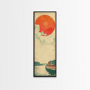 Large Red Sun Over River, Japanese Art Inspired by Ukiyo-e, Framed Canvas Print for Tall Skinny Wall Spaces