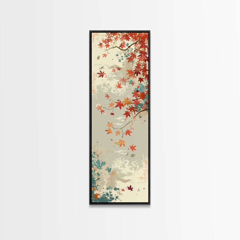 Autumn Maple Leaves in Japanese Garden Ukiyo-e Style Art Skinny Framed Canvas Print with Subtle Color Palette