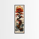 Majestic Bonsai Tree Under the Golden Sun Skinny Art Ukiyo-e Tall Framed Canvas Print with Mountain Landscape