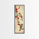 Skinny Art Sparrows And Cherry Blossoms In Japanese Style Wood Block Print Gentle Color Palette On Framed Canvas Print, Tall Art Ukiyo-e