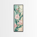 Skinny Art Pink Oleander Flowers In Japanese Style Wood Block Print Elegant Pastel Hues On Framed Canvas Print, Tall Art Ukiyo-e