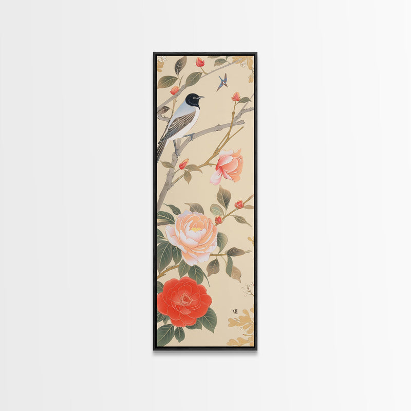 Bird On Branch With Red Peonies And Green Leaves Tall Art Skinny Art Framed Canvas Print Japanese Style Art Ukiyo-e Wood Block Print