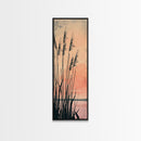 Reeds Silhouetted Against Soft Orange Sunset Skinny Art Tall Art Framed Canvas Print Japanese Style Art Ukiyo-e Art Wood Block Print Tranquil Scenic