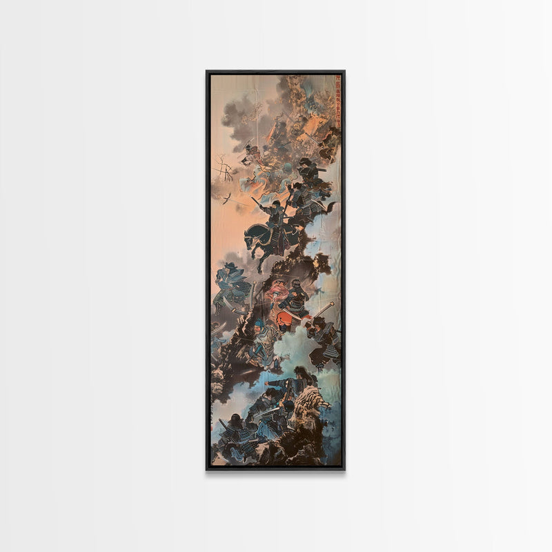 Warriors In A Dynamic Battle Scene With A Dramatic Sky And Fiery Background, Tall Skinny Art Wall Art Framed Canvas Print Japanese Style Art