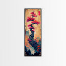 Bonsai Tree With Red Leaves On Gradient Background Wood Block Print Ukiyo-e Wall Art Tall Art Skinny Art Japanese Style