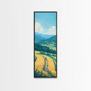 Scenic Countryside Pathway with Fields and Mountains, Skinny Framed Canvas Print for Wall Decor