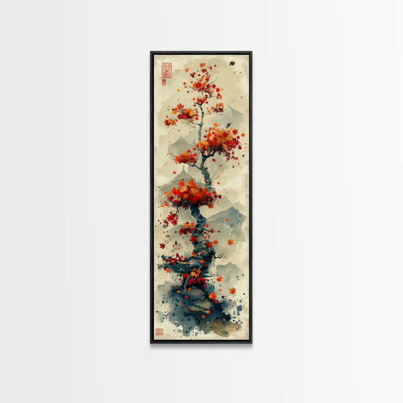 Autumn Bonsai Tree Traditional Japanese Style Nature Art On Framed Canvas Print In Ukiyo-e Art Design Tall Skinny Wood Block Wall Decor