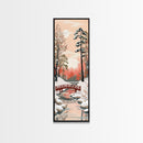 Serene Japanese Winter Landscape Highlighting A Red Bridge Snow-Covered Pines Under A Peaceful Sky Tall Framed Canvas Print Nature Scene