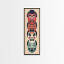 Bold Striking Japanese Kabuki Masks Vibrant Colors Depicted Traditional Style Tall Framed Canvas Print Cultural Home Decor