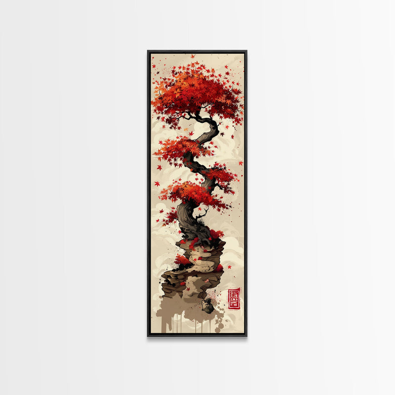 Vibrant Red Maple Tree with Twisting Branches on a Beige Background Ukiyo-e Art Japanese Framed Canvas Print Skinny Tall Art