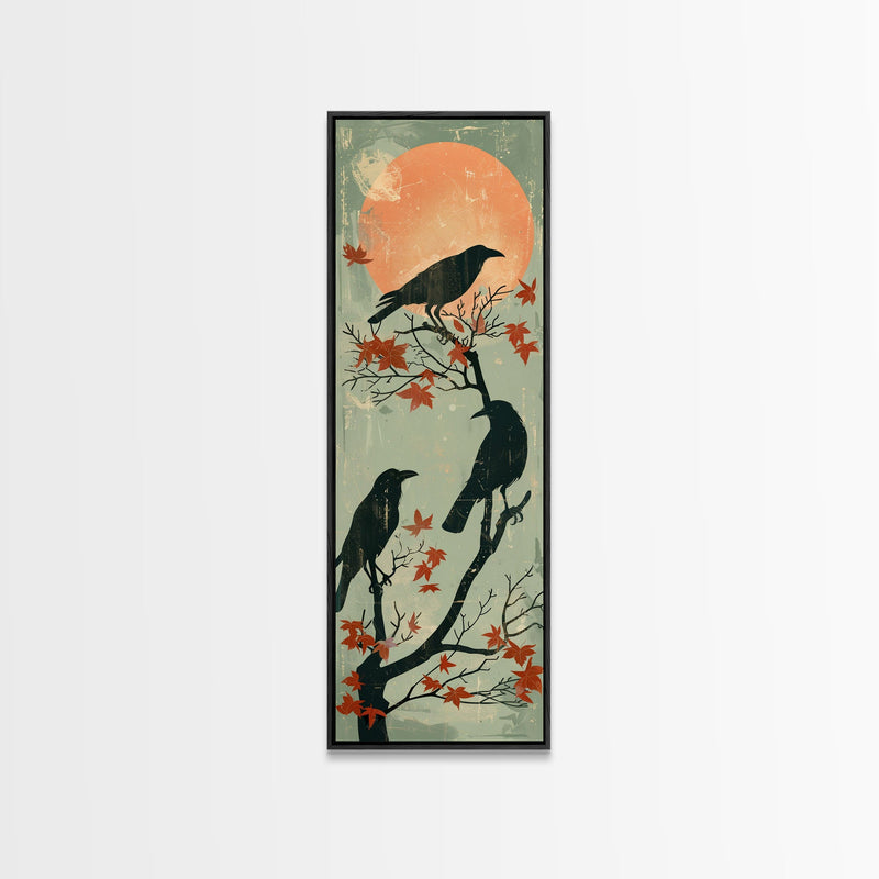 Black Crows Japanese Art Skinny Wall Art Framed Canvas Print on Branches with Red Maple Leaves Against Warm Orange Sun