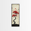 Red Maple Bonsai Tree Japanese Art Skinny Wall Art Framed Canvas Print with Windswept Branches and Red Leaves