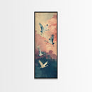 Ukiyo-e Art, Tall Art, Skinny Art, Japanese Style Art, Cranes In Flight Wood Block Print Framed Canvas Print