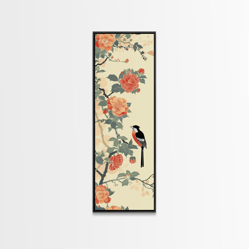 Bird Among Camellia Flowers On Light Background Skinny Art Ukiyo-e Wood Block Print Framed Canvas Print