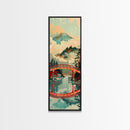 Stunning Mount Fuji With Red Bridge Reflection, Skinny Tall Framed Canvas Print, Feng Shui-Inspired Japanese Style Art For Wall Art