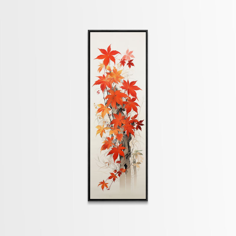 Brilliant Red Leaves On A Twisted Tree, Framed Canvas Print In Skinny Tall Style, Ideal For Feng Shui Wall Art In Japanese Style Art