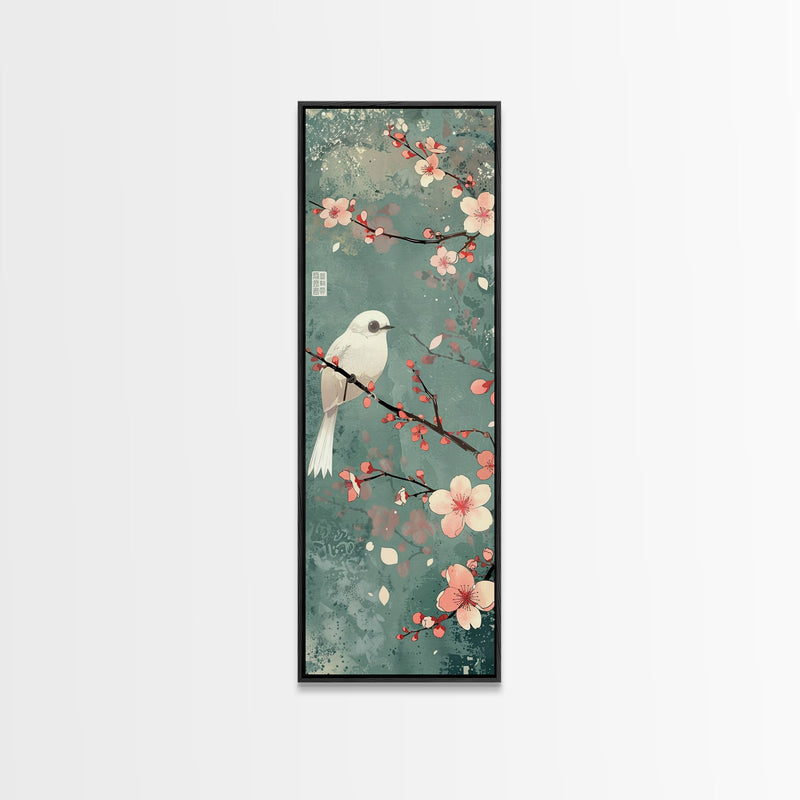 White Bird Perched On A Branch With Blossoms â€“ Framed Canvas Print Combining Skinny Art And Tall Art Inspired By Ukiyo-E Art And Japanese Style Art