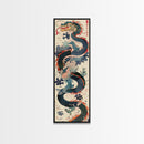 Tall Skinny Art Japanese Style Wood Block Print Dynamic Dragon In Traditional Colors On A Cream Background For Framed Canvas Print