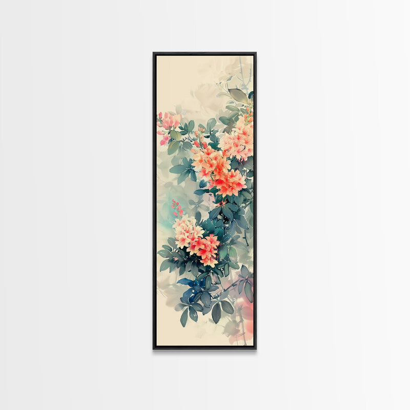 Azalea Blossoms Skinny Art Tall Art Japanese Ukiyo-e Inspired Floral Framed Canvas Print for Elegant and Timeless Decor