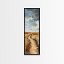Serene Rural Path Framed Canvas Print landscape painting, farmhouse art, above couch art, rustic wall art, wabi sabi art, extra wide art, panoramic art, warm neutral wall art, barn landscape oil painting