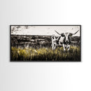 Longhorn Cattle, rustic wall art, farmhouse art, black cowgirl painting, extra wide art, framed canvas print, panoramic painting