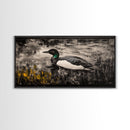 Loon Water Bird, Black and White Painting, Rustic Wildlife Art, Nature Wall Art, Lake House Decor, Framed Canvas Print, Extra Wide Art