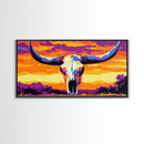 Skull, bull, desert art, cowboy decor, boho wall art, moody sunset, extra wide art, rustic decor, framed canvas print