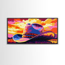 Cowboy hat, western decor, rustic style, bold colors, country aesthetic, southwest wall art, moody sunset, framed canvas print