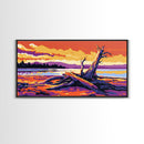 Driftwood Beach Scene, coastal landscape art, nautical painting, rustic wall art, ocean sunset art, panoramic art, framed canvas print