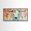 Longhorn Skull Art, southwest wall art, boho art, rustic decor, skull art, extra wide art, wabi sabi art, framed canvas print, farmhouse art